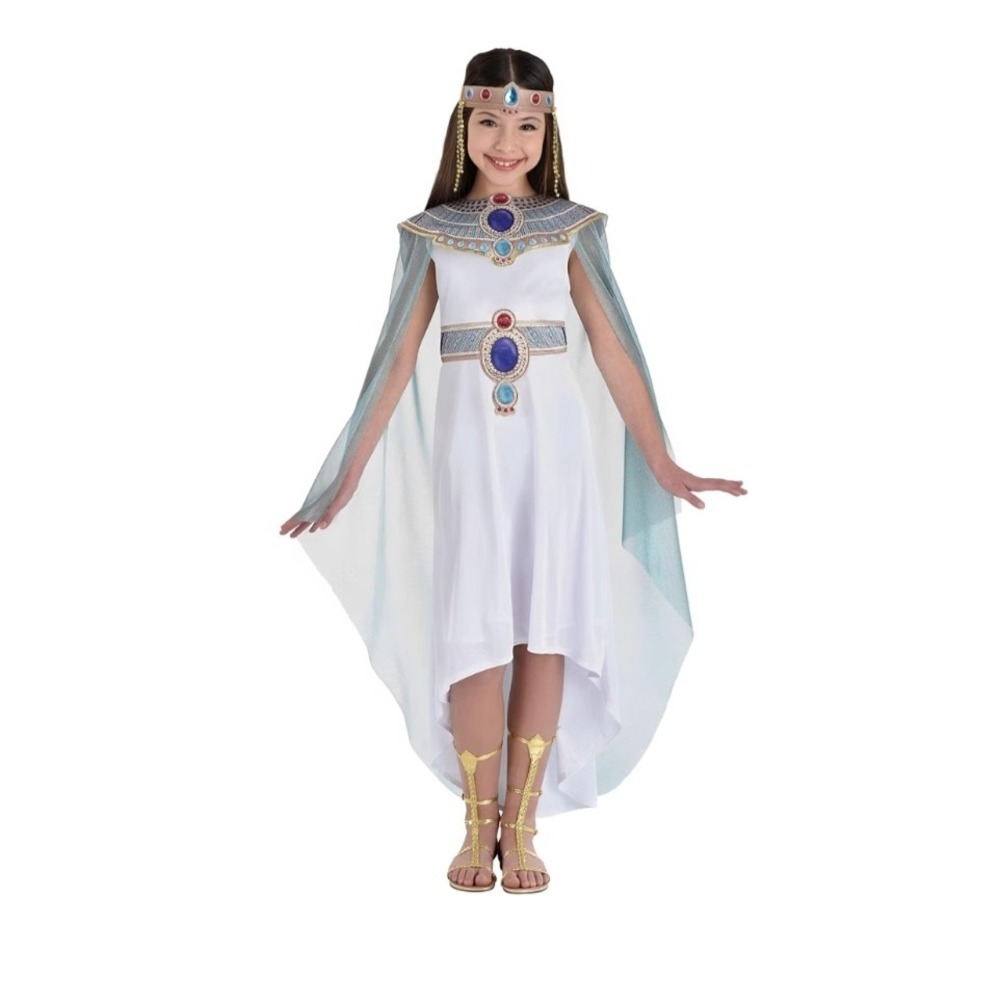 Kids Cleopatra Egyptian Costume Dress Cape Headdress Small 4-6 White Blue Gold